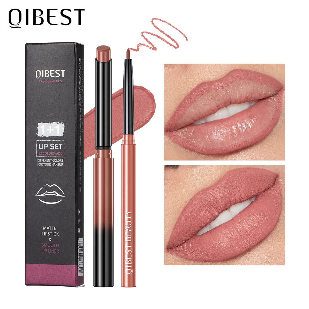 2pcs Lipstick Lipliner Pen Set Matte Nude Lip Liner Pencil
