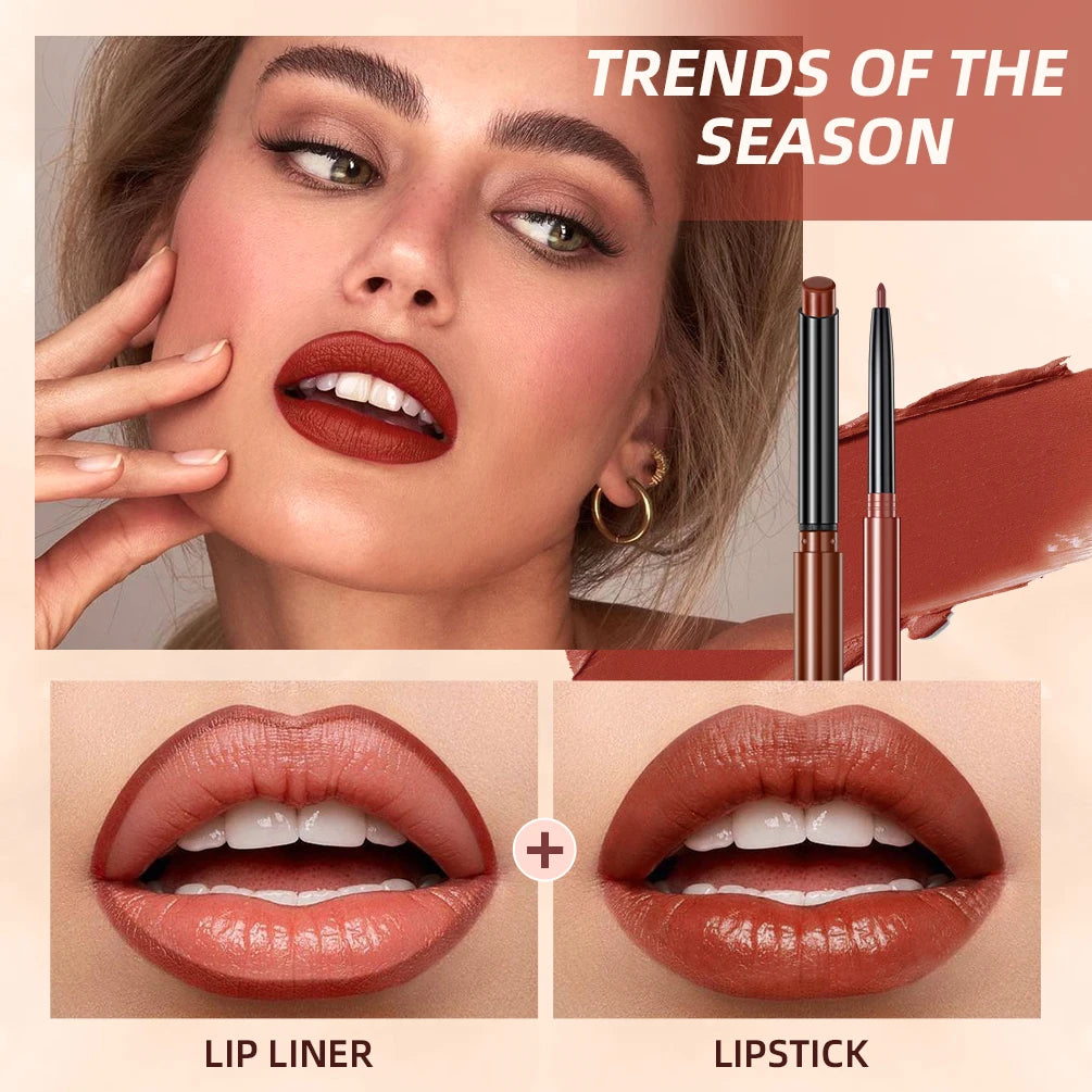2pcs Lipstick Lipliner Pen Set Matte Nude Lip Liner Pencil